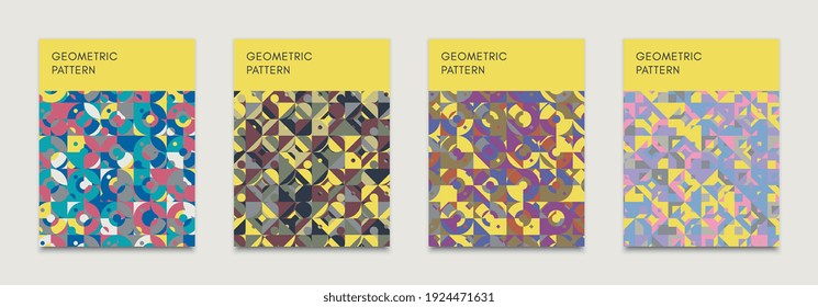 Set von Plakaten mit Bauhaus oder Schweizer Mustern. Grundlegende geometrische Elemente in Retro-Mehrfarbenmosaik. Abstrakte Vektorgrafik Bauhaus-Musterhintergrund mit runden, rechteckigen und dreieckigen Formen.
