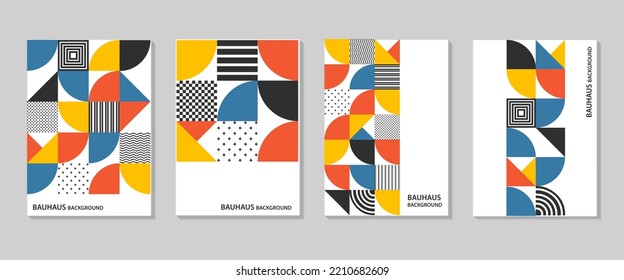 A set of posters with a Bauhaus swiss style pattern. Minimal vintage geometric design posters, wall art, layout with primitive background shapes