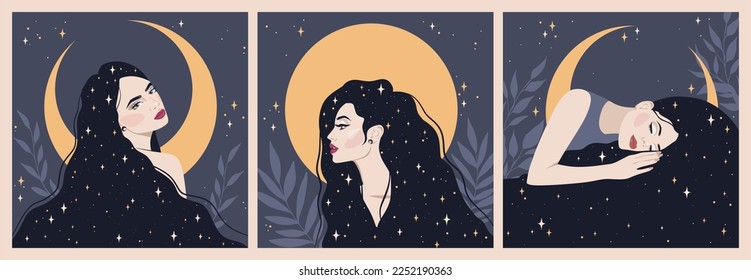 Set of posters with beautiful women and moon behind. Woman with long hair decorated with stars. Illustration about sleep, starry night, magic, peaceful, calm, esoteric.