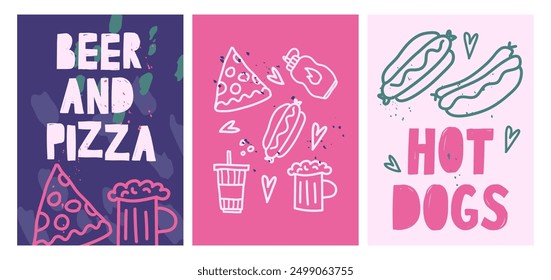 set of posters: beer and pizza, hot dogs, sauce. World food day. Beer and pizza day. template design in doodle style. Flat vector Illustration in naive art
