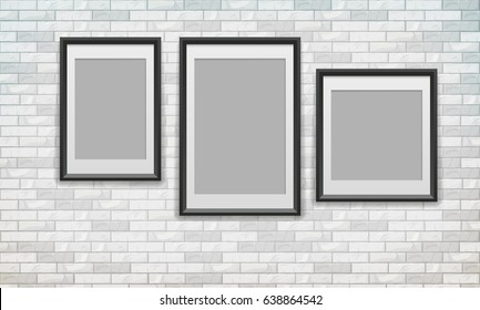 Set of posters with black frame hanging over brick wall, vector illustration