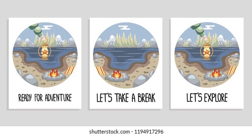 Set of posters with black hand drawn lettering, a bonfire and stones on the ground, a lake, mountains and trees in the background, a hand holding a lantern. Flat cartoon style vector illustration.