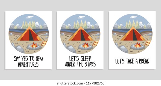 Set of posters with black hand drawn lettering, a bonfire and stones on the ground, a lake, mountains and a tent on a white background. Flat cartoon style vector illustration.