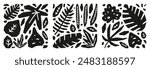 Set of posters with black modern cut out exotic jungle leaves isolated on white background.