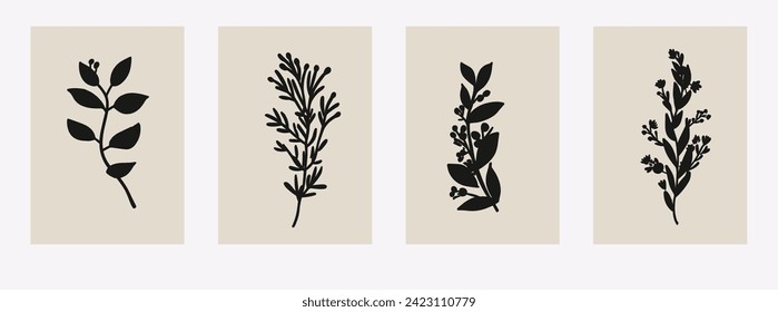 Carteles con siluetas negras de flores, plantas y hojas sobre un fondo beige.
