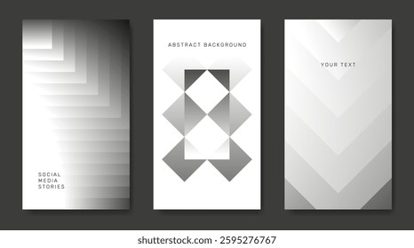 A set of posters with black and white abstract elements.