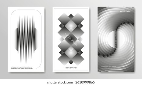 A set of posters with black and white abstract 3d elements.