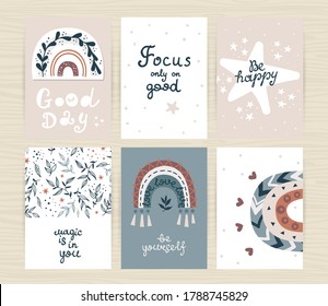 Set of posters with boho rainbows and and inscriptions. Perfect for kids bedroom, nursery decoration, posters and wall decorations
