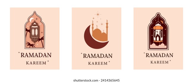 A set of posters in boho style. Holy holiday Ramadan. Eid Mubarak. Geometric shapes. Hijri. 1445.Vector illustration