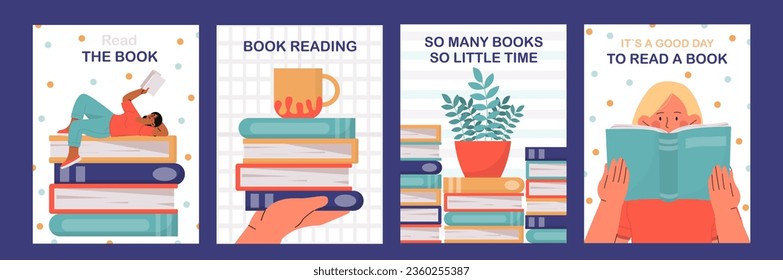 Set of posters with books concept. Knowledge and information. Students with stacks of textbooks. Education and training, learning. Cartoon flat vector collection isolated on blue background