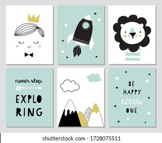 Set of posters for boys room or nursery in scandinavian style. Cute hand drawn illustration for print, baby shower invitation, greeting card. Prince, Lion, Mountains, space rocket, Explorer.