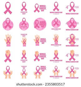 Set of posters for breast cancer awareness month in October. Realistic pink ribbon symbol. Medical Design. Vector illustration.