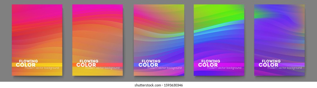 Set of posters with bright abstract flowing pattern. Minimalistic background with modern colorful gradient lines. Template for dynamic design of cover, posters, flyer. Vector illustration EPS10