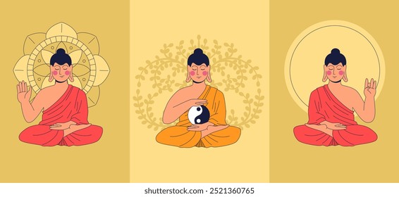 Conjunto de cartazes com Buda Theravada em posição de lótus meditando. Conceito de filosofia do budismo