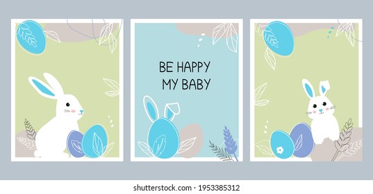 Set of posters with bunnies for a boy. Posters on a gentle blue and green background. With the phrase Be happy my baby. Great Polarok for a christening or birthday.