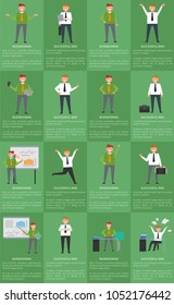 Set of posters businessmans activity at work with text and title sample below each image vector illustration isolated on green, office worker routine