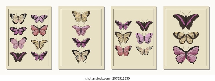 Set of posters with butterflies in modern, trendy colors, contemporary aesthetic background or card template, vector illustration