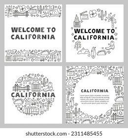 Set of posters with California national landmarks and attractions in doodle style. American tourism concept.