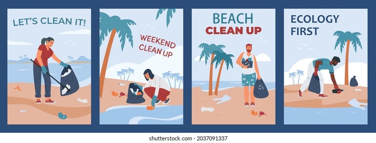 Set of posters with call to clean up trash and care for nature, ecology and environment. People on sea beach and ocean coast collect garbage into rubbish sacks. Vector illustration