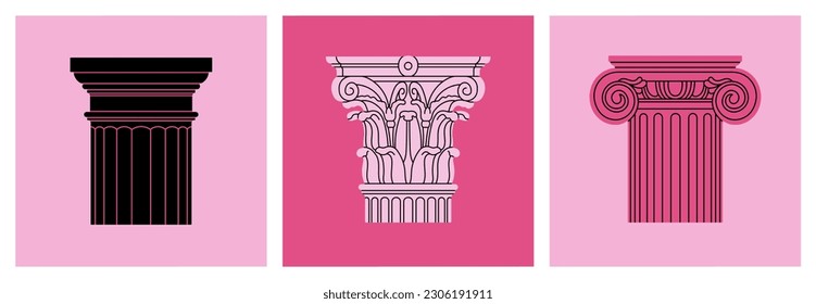 Set of posters with capitals, classical architectural orders made of marble or gypsum. Ancient Greek and Roman art concept. Sculpture, architecture. Hand drawn vector illustrations.