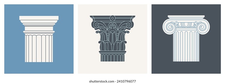 Set of posters with capitals, classical architectural orders made of marble or gypsum. Ancient Greek and Roman art concept. Sculpture, architecture. Hand drawn vector illustrations. Pastel colors.