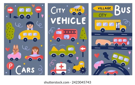 Set of posters with car elements. This charming cartoon design presents three posters adorned with cars and element of road, seamlessly merging illustration and design. Vector illustration.