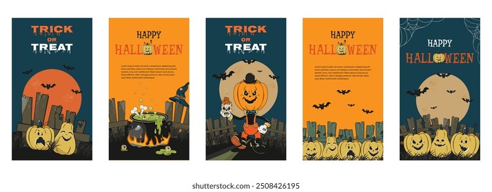 A set of posters, cards, banners, covers for social media with traditional Halloween characters. Full moon, jack lantern, pumpkins, flying bats, cauldron with witch potion, cobwebs. Copy space. Vector