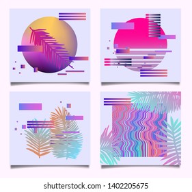 Set of posters, cards, covers with palm leaves and defaced glitched shapes. Neon synthwave/ vaporwave colors, 80s-90s vibrant retrowave aesthtetics.