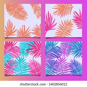 Set of posters, cards, covers with palm leaves pattern. Neon synthwave/ vaporwave colors, 80s-90s vibrant aesthtetics.