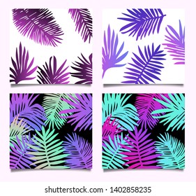 Set of posters, cards, covers with palm leaves pattern. Neon synthwave/ vaporwave colors, 80s-90s vibrant aesthtetics.