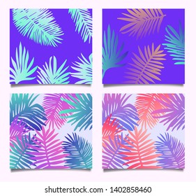 Set of posters, cards, covers with palm leaves pattern. Neon synthwave/ vaporwave colors, 80s-90s vibrant aesthtetics.