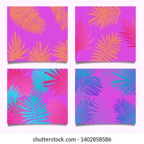 Set of posters, cards, covers with palm leaves pattern. Neon synthwave/ vaporwave colors, 80s-90s vibrant aesthtetics.