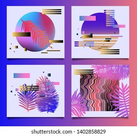 Set of posters, cards, covers with palm leaves and defaced glitched shapes. Neon synthwave/ vaporwave colors, 80s-90s vibrant retrowave aesthtetics.