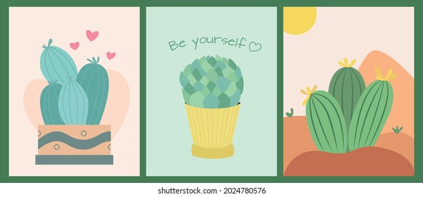 Set of posters or cards with cute cacti on a desert background.  Plants and nature.
