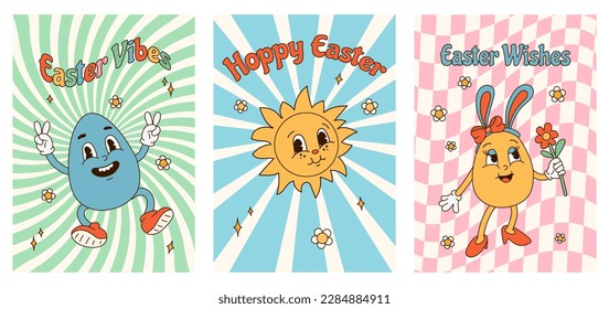 Set posters or cards for Happy Easter. Groovy egg characters in retro cartoon style of 60s 70s on different backgrounds. Sun, girl egg, jumper. Flat vector illustration.