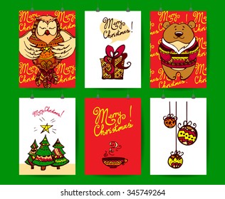 Set of posters, cards for New Year, Merry Christmas in freehand doodles art style with: Christmas Owl with star, gift box, bear in sweater, Christmas tree, cup of cocoa, Christmas decoration balls