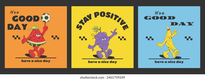 A set of posters, cards, stickers with cartoon groovy characters, positive quotes.The design of a summer print on a T-shirt.Retro style. Vector illustration.