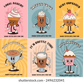 A set of posters with cartoon characters in retro style. Images of coffee latte, cappuccino and cupcakes. Flat vector illustration.