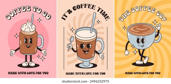 A set of posters with cartoon characters in retro style. Images of coffee, latte, cappuccino. Flat vector illustration.