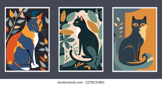 Set of posters with cats and leaves. Vector illustration in flat style. wall art print poster