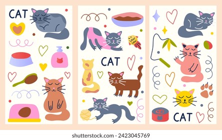 Set of posters with cats. This image showcases three posters embellished with cats and other cute elements for them. Vector illustration.