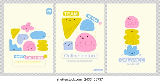 Set of posters with character illustration. Compositions with shapes and geometric fugures. Flat vector art with scribble lines and textures. Abstrac organic kids 