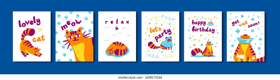 Set of posters characters cats. Pet, cartoon cute animals colorful illustration. Perfect for greetings, cards, baby prints, apparel, t-shirt, packaging, invites, graphic design and other. Vector