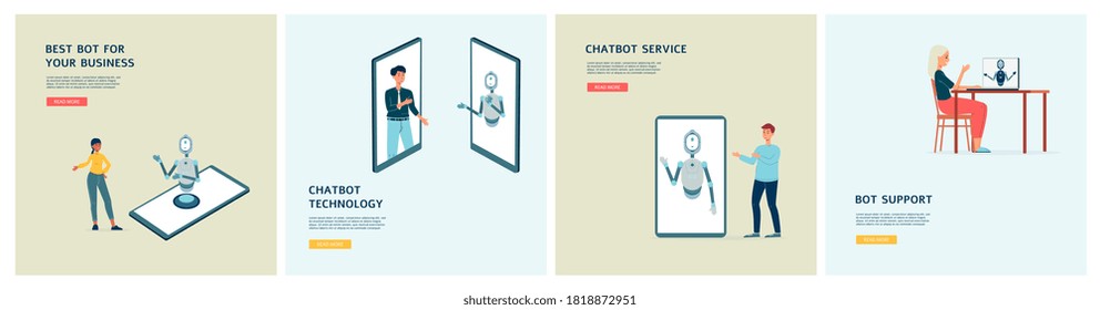 Set of posters with chatbot and people getting robot virtual assistance of website or mobile app, flat vector illustration. Artificial intelligence technology.