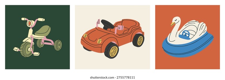 Set of posters with children's summer transport — plastic car, bike, swan shaped pedal boat. Vector illustration. For toy store and rental promotional designs, parenting blogs and childhood designs.