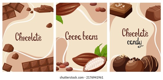 A set of posters with chocolate and cocoa beans.
