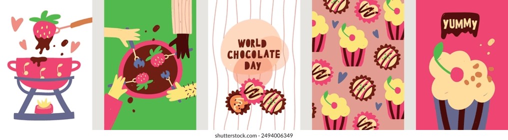 Set of posters with Chocolate product for cafe bar or restaurant. Celebration of World Chocolate Day with this images. Fondue from hot dark chocolate. Perfect for social media posts, blog headers