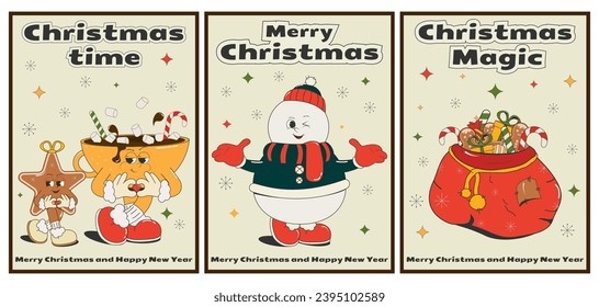 set of posters of Christmas cartoon characters with arms, legs and faces: a snowman, cocoa and ginger cookies, a bag of gifts.Groovy vector illustration in retro style of old comics of the 50s-60s.