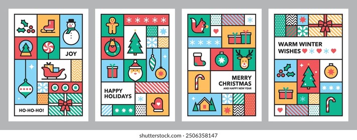 Set of posters with Christmas icons in abstract modern geometric flat style. Memphis design. Winter holidays. Seasons greetings. Vector templates for card and packaging. 