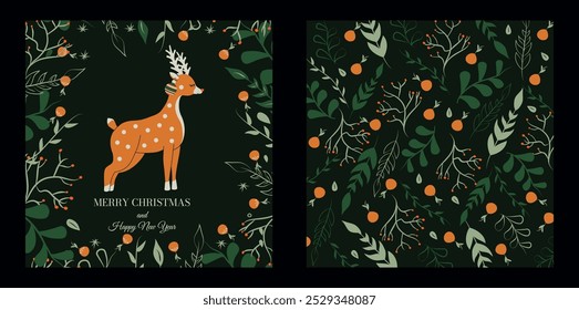Set of posters for Christmas and New Year. Deer. Trendy stylish retro vintage ornament. Elements and shapes. Frame and border. Flowers, leaves, berries, plants. Chinese holiday. Calendar. December 25